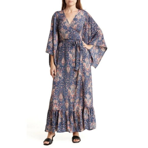 💕RAGA💕 Poseidon Maxi Wrap Dress ~ Navy Blue Multi-Color Paisley Print S NWT - Picture 2 of 13